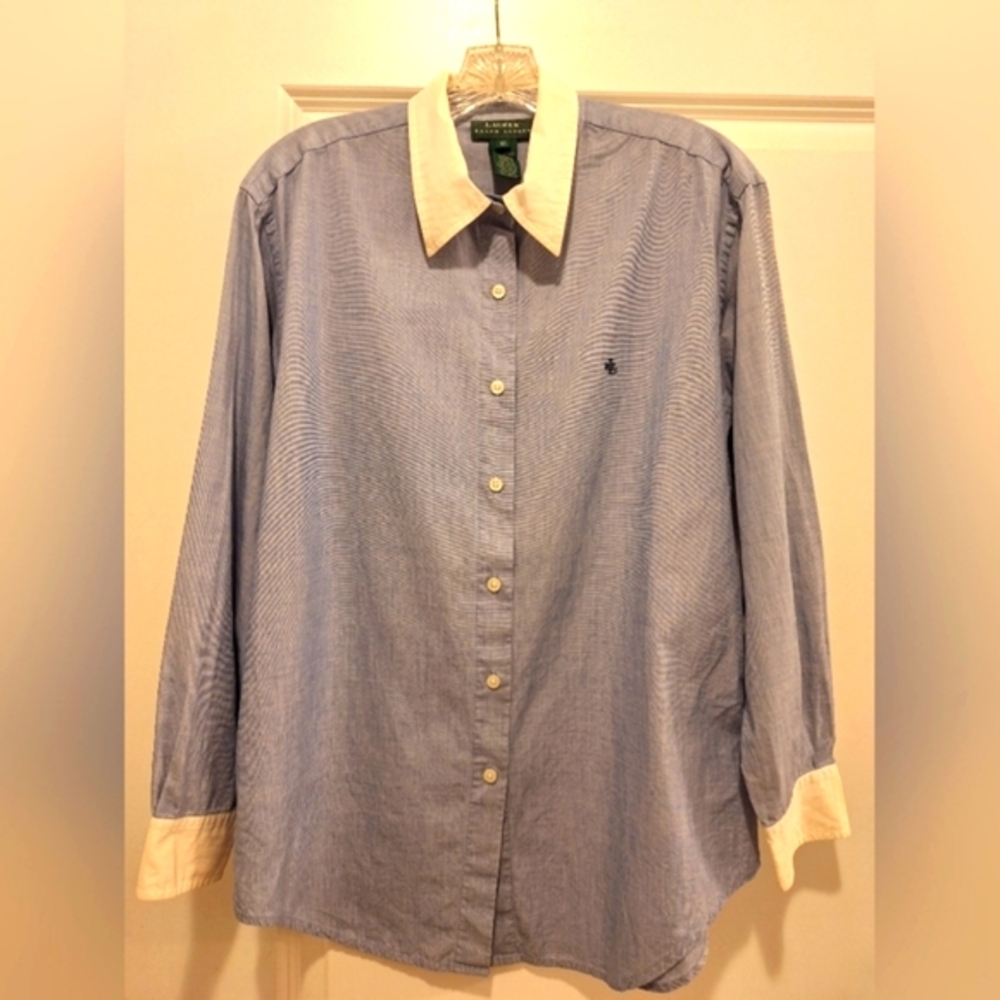 RALPH LAUREN Blouse- 'RLL' Logo Monogram- Chambray Blue- 100% Cotton- 10